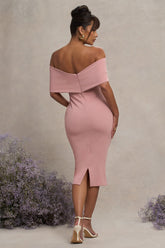 Blush Bardot Bow Maternity Midi Dress with Ruching